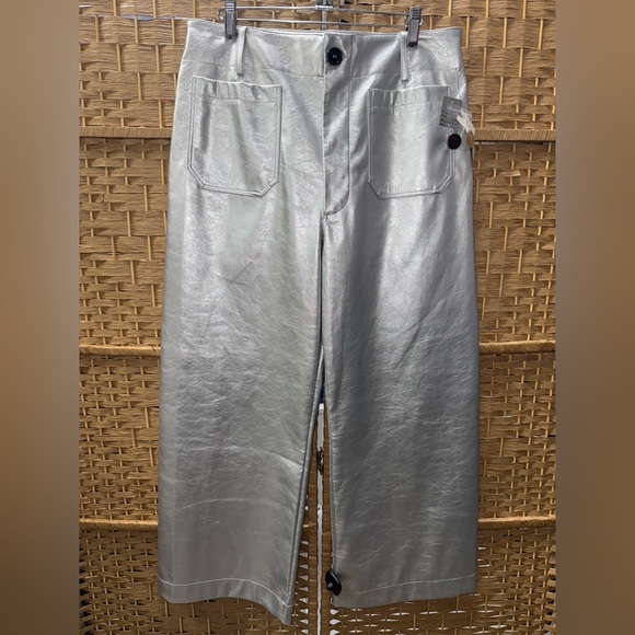 New Anthropologie The Colette Cropped Wide Leg Pants Maeve Faux Leather Silver - Picture 1 of 5